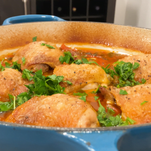 One-Pot Braised Chicken with Tomatoes, Garlic, and Herbs feature image