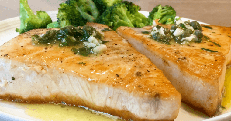 Quick Pan-Seared Swordfish with Sautéed Broccoli and Garlic Butter Cilantro Sauce