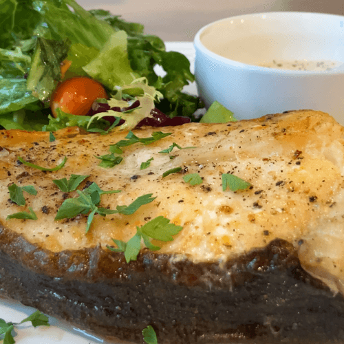 Perfectly Seared Halibut Steak with Fresh Green Salad