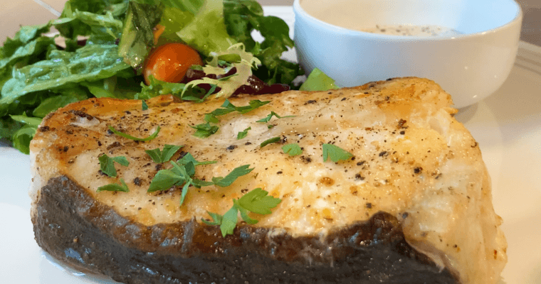 Perfectly Seared Halibut Steak with Fresh Green Salad