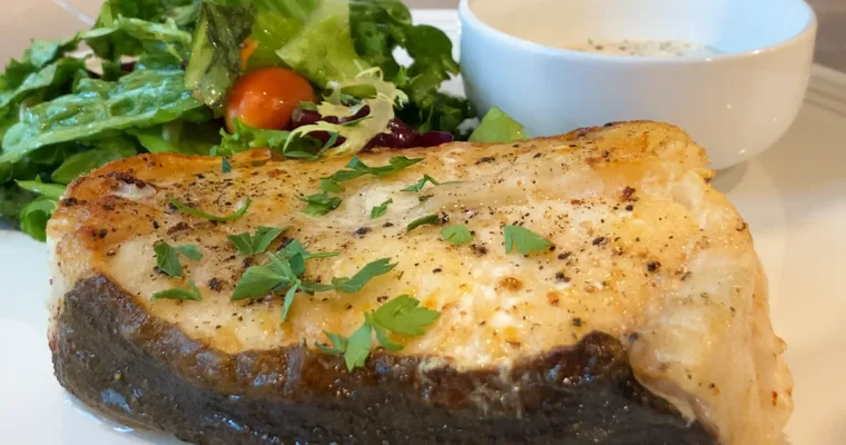 Perfectly Seared Halibut Steak with Fresh Green Salad and Tangy Mustard Dip