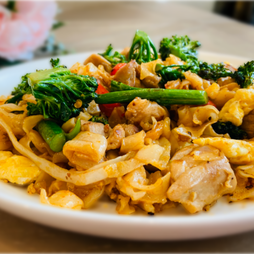 Fusion Spicy Chicken & Broccolini Stir-Fried Rice Noodles