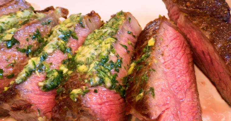 Reverse-Seared New York Strip Steak with Garlic-Basil Butter