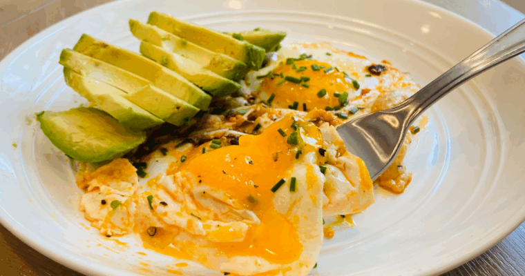 Crispy Cheese Eggs with Chili Oil, Avocado & Chives