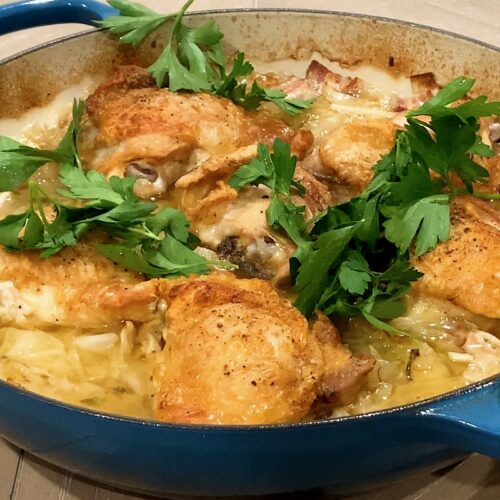 Crispy Braised Chicken with Bacon and Cabbage