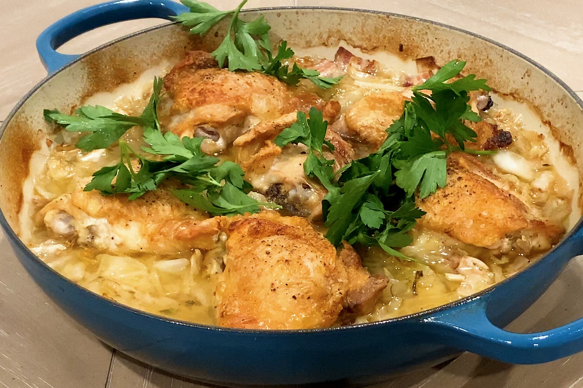 Crispy Braised Chicken with Cabbage and Bacon
