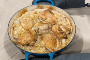 Serve and garnish for Crispy Braised Chicken with Bacon and Cabbage