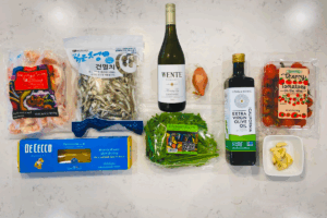 Ingredients for shrimp pasta with anchovies