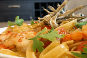 Shrimp Pasta with Crispy Anchovies