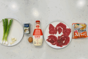 Ingredients for Instant Noodle Upgrade with thin beef
