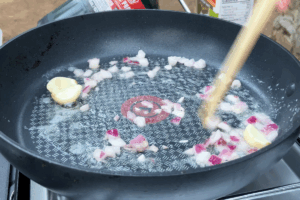 Add the onions for Garlic Butter Noodle Soup