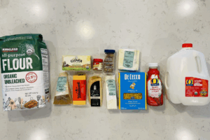 Ingredients for The Creamiest, Bubbliest Five-Cheese Baked Mac and Cheese Ever!