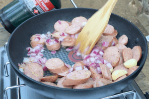 cook onions for Buttery Sausage & Cabbage Stir-Fry