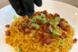 Plate and finish the Creamy Carbonara Instant Noodles