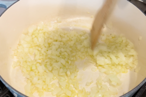 Add the diced onion for Viral Trader Joe’s Lobster Bisque Pasta