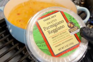 Add ¼ cup of Parmesan cheese for Viral Trader Joe’s Lobster Bisque Pasta
